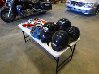Qty of Harnesses C/w (2) Motorcycle/Snowmobile Helmets, (1) Batting Helmet, and (1) Unknown Use Helmet (OS)