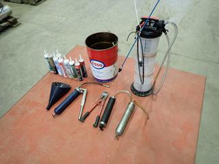 14 In. Bolt Cutter, Grease Guns, Funnel, Fluid Extractor, Esso Bucket And Assorted Silicone  (Y-1-3)