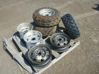 (4) Aluminum  7 In x 12 In Quad Rims, (2) Swamp Lite Quad Tires AT 25 x 8.00-12 w/ 4 x115 4 1/2 In Bolt Pattern Rims and (1) Kenda Quad Tire AT 24 x 8-12.