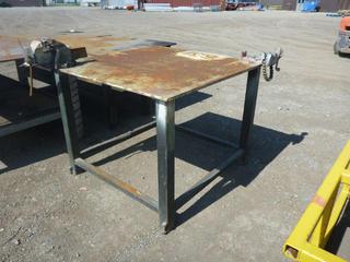 Steel Work Table 46 In W x 48 In L x 36 In H c/w Irwin No 5 Vice and Ridgid BC-610A Pipe Threader.