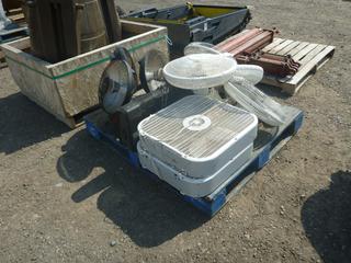 Pallet of Electric Fans and (2) Rain Barrels.