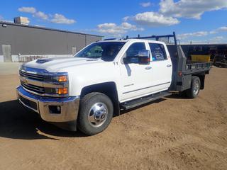 2018 Chevrolet Silverado LTZ 3500HD Crew Cab 4X4 Flat Deck Dually Pickup C/w 6.6L Duramax HD Diesel Engine, A/T, 9ft Deck, Chevrolet Mylink Console, Rear Backup Camera, Leather Seats, Running Boards, (2) 24in X 20in X 18in Storage Boxes, Gooseneck Ball Hitch, Removeable 8in(H) Rails, Headache Rack And LT235/80 R17 Tires. Showing 132,313kms. VIN 1GC4K0CY8JF149137 
