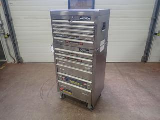 30in X 18in X 57 3/4in Mastercraft Maximum Portable Toolbox C/w Qty Of Sockets, Hand Saw, Allen Keys, Hammers, Wrenches And Assorted Hand Tools