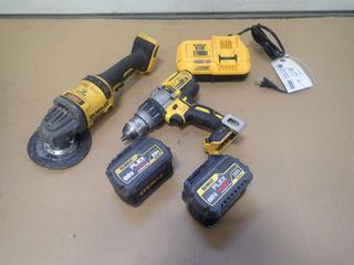 Dewalt DCD996 20V 1/2in Drill C/w Dewalt DCG414 60V 4 1/2/6in Grinder, Battery Charger And (2) Batteries