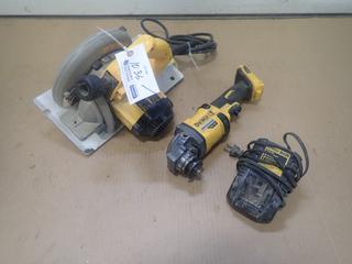 Dewalt DCG414 60V 4 1/2/6in Grinder C/w Dewalt DW364 120V 7 1/4in Circular Saw And Dewalt DCB100 Charger