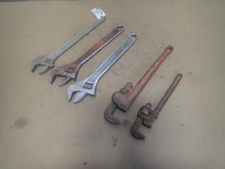 Qty Of (3) Proto 24in Adjustable Wrenches C/w Ridgid 24in Pipe Wrench