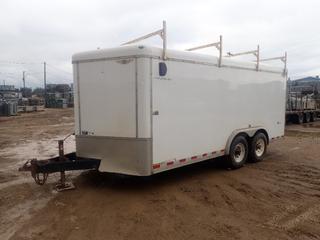 2013 H&H Trailers 16ft X 8ft X 104in T/A Enclosed Trailer C/w 114in Overall Height w/ Roof Storage Rack, 2 5/16in Ball Hitch, 6350kg GVWR, Double Back Door, Side Door, Breakaway System, Storage Shelf, Cylinder Bin And ST235/80 R16 Tires. VIN 533TC162XDC218399 *Note: Has Dents And Scratches, Diamond Plate Ripped In Front*
