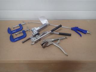 (2) 3in C-Clamps C/w Tube Bender, Pneumatic Belt Sander, Bolt Cutters, Air Hose And Vise Grip Clamps