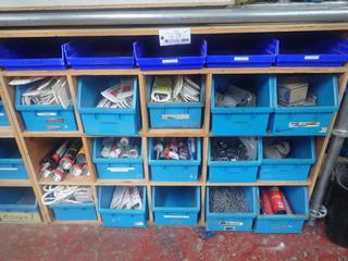 57 1/2in X 2ft X 42in Storage Shelf C/w Storage Totes, Nails, Insulation Foam And Assorted Supplies