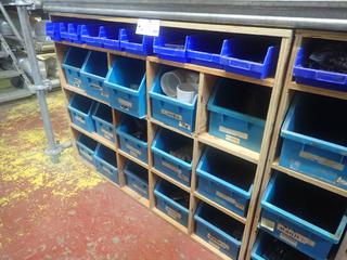 57 1/2in X 2ft X 42in Storage Shelf C/w Storage Totes, Assorted Fittings, Screws And Misc Supplies