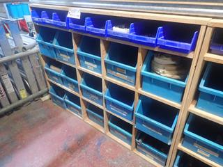 57 1/2in X 2ft X 42in Storage Shelf C/w Storage Totes, Assorted Fittings, Swivel Brackets, Beam Clamps And Misc Supplies