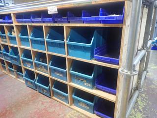 57 1/2in X 2ft X 42in Storage Shelf C/w Storage Totes, Assorted Fittings, Beam Clamps, Screws, Light Bulbs And Misc Supplies