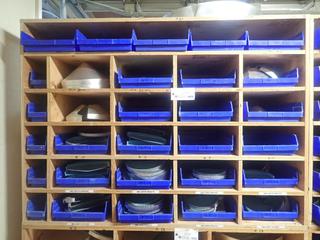 57 1/2in X 2ft X 42in 18-Compartment Storage Shelf C/w Qty Of Assorted End Caps And Storage Bins