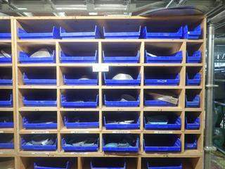 57 1/2in X 2ft X 42in 18-Compartment Storage Shelf C/w Qty Of Assorted End Caps And Storage Totes