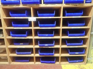 57 1/2in X 2ft X 42in 18-Compartment Storage Shelf C/w Qty Of Storage Bins *Note: Contents On Top Not Included*