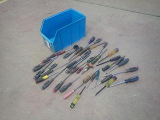 Qty Of Assorted Screwdrivers C/w Storage Bin