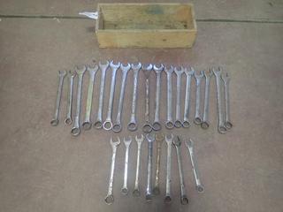 Qty Of Assorted Wrenches C/w Wood Storage Bin