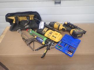 Dewalt Tool Bag C/w Dewalt DCG414 4 1/2/6in 60V Grinder, (2) Battery Chargers, (1) Battery, Caulking Gun And Assorted Hand Tools