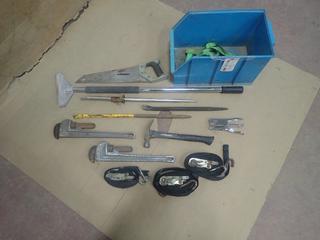 (2) 18in Pipe Wrenches C/w Storage Bin, Hand Saw, Hammer, Scraper, Ratchet Straps And Assorted Hand Tools