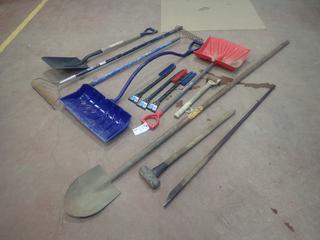 Qty Of Assorted Shovels, (2) Rakes, (2) Sledge Hammers, Crowbar And (3) Snow Brushes