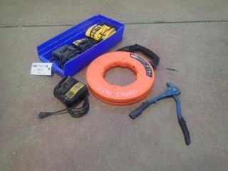 Qty Of (3) Dewalt And (1) Mastercraft Battery Chargers C/w Rivet Gun And Klein Tools 120ft Steel Fish Tape