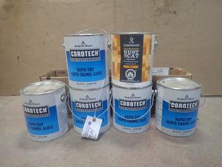 Qty Of (5) Cans Of Corotech Rapid Dry Alkyd Enamel Gloss (Black) C/w (1) Can Of Coronado Rust Preventive Coating