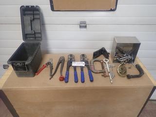 (2) Crimpers C/w Cutters, Storage Tote, Nails, Eye Bolt, C-Clamp And Misc Supplies