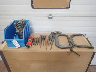 Qty Of 10in Nails, (2) C-Clamps, Storage Bin And Assorted Supplies