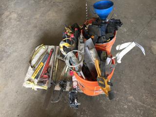 (2) Buckets of Assorted Hand Tools c/w Saws, Mixer Attachments, Clamps, Staplers, Etc