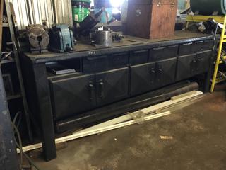 Steel Work Bench c/w Drawers and Cabinets c/w 5in Vise, 10ft x 38in x 41in, Missing Drawer