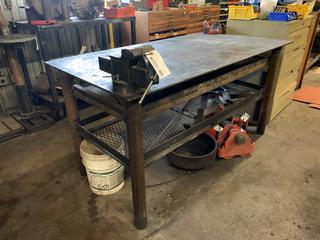 Custom Built Steel Table c/w 5in Vise and Ridgid BC610 Pipe Clamp, 6ft x 3ft x 36-1/2in