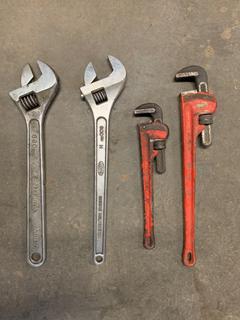 (2) 600mm Crescent Wrenches, Ridgid 24in and 18in Pipe Wrenches