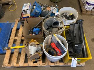 Pallet of Assorted Plumbing Supplies c/w Pipe, Fixtures, Drain Snakes, Etc