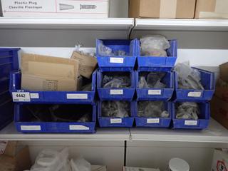(10) Assorted Stackable Storage Bins c/w Screw Driver, Wrench, Bike Hooks, Etc.