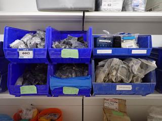 (6) Assorted Stackable Storage Bins c/w Closet Door Parts, Hinge Pins, Brackets, Fishing Rod Hooks, Etc.