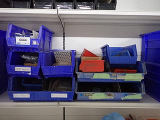 (11) Assorted Stackable Storage Bins c/w Handles, Screws, Metal Door Hooks, Etc.