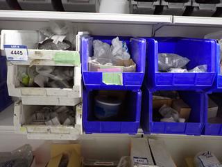 (11) Assorted Stackable Storage Bins c/w Brackets, Sash Corners, Shelf Bracket Pegs, Etc.