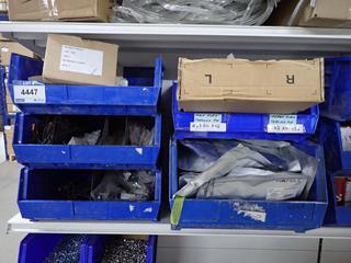 (5) Stackable Storage Bins c/w 6-Way Distributors, LED Connecting Leads, Cable Leads, Adaptors, LED Lights, Etc.