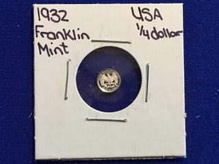 1932 USA Franklin Mint Quarter Dollar Coin.
