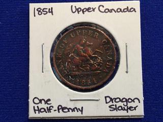 1854 Upper Canada Half Penny Coin.