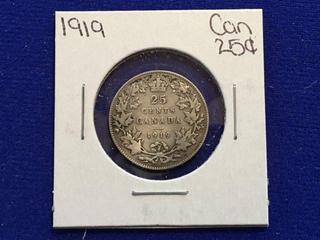 1919 Canada Twenty Five Cent Coin.