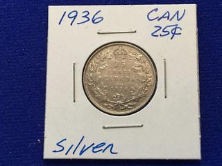 1936 Canada Twenty Five Cent Coin.