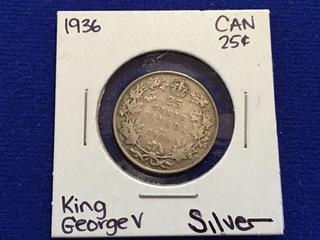 1936 Canada Twenty Five Cent Coin.