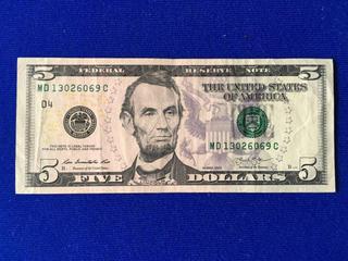 United States Of America Five Dollar Bill. S/N MD13026069C.