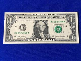 United States Of America One Dollar Bill. S/N D20524346A.