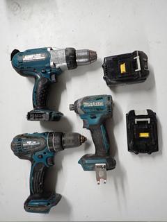 Makita DHP456 1/2 In. Driver/Drill, DTD154 1/4 In. Impact Drill, BDF451 13mm Drill & (2) 18V Batteries.