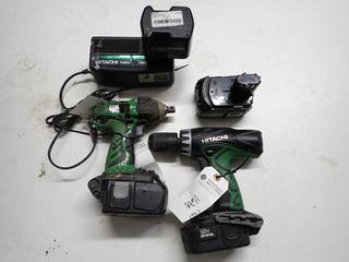 Hitachi WR18DL 1/4 In. Impact Driver, 18DVC 1/2 In. Hammer Drill, (4) 18V Batteries & Charger.