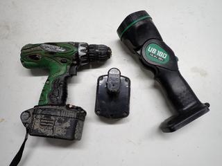 Hitachi DS14DVF3 14.4V Driver Drill, UB18D 14.4V 18V Flashlight c/w (2) 14.4V Batteries & Case, No Charger.