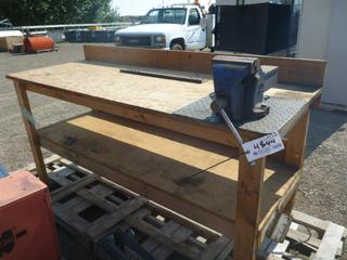 Wooden Work Bench 28 In W x 75 In L x 35 In H c/w Irwin No 6 Vice.