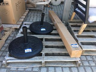 Unused (2) Dark Grey Umbrella Bases and (1) Half Round Taupe Umbrella.